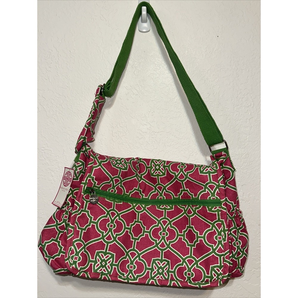 Buckhead Betties Pink Green Geometric Canvas Messenger Crossbody Bag NWT
